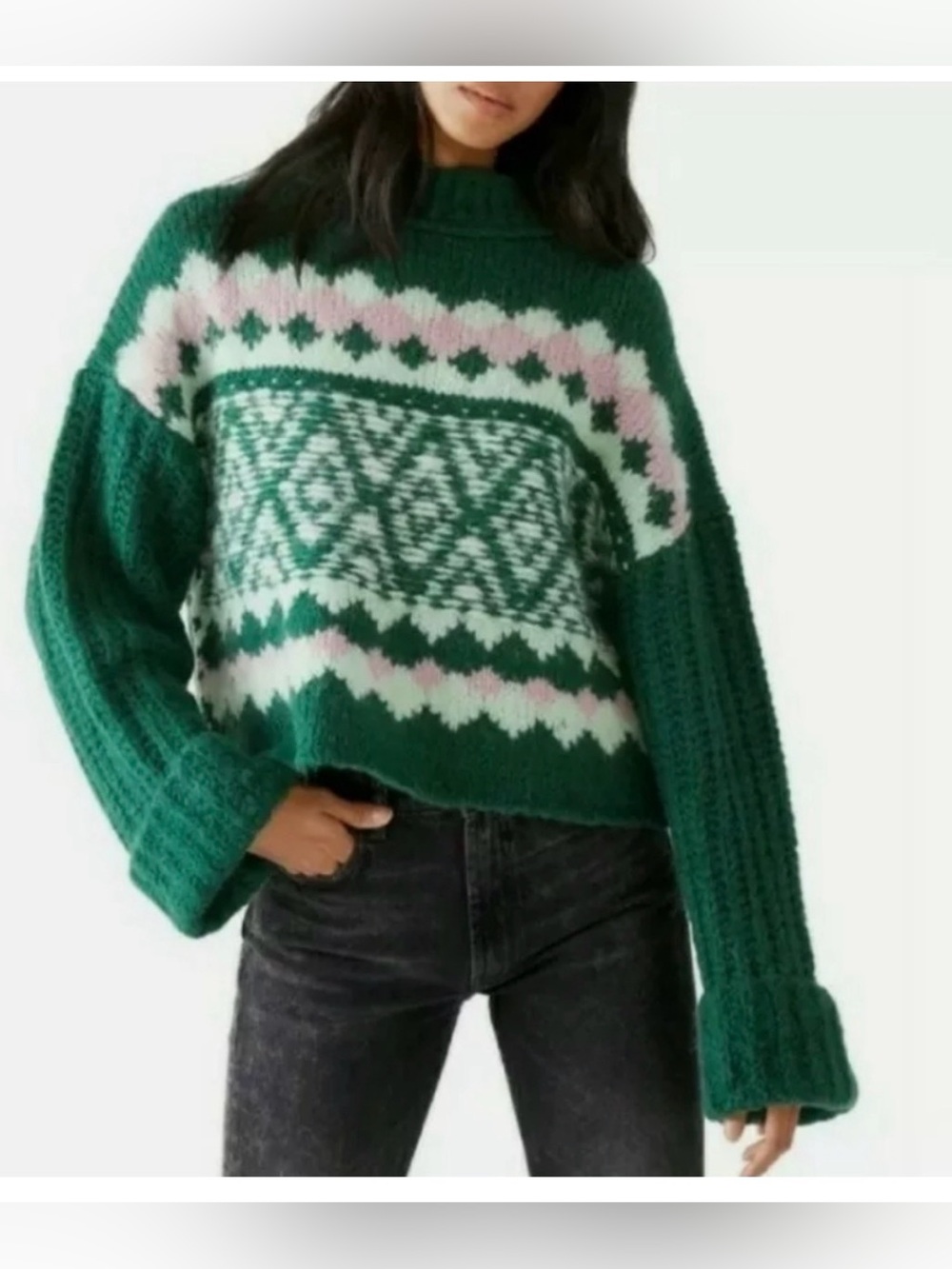 Free people women’s mock neck green alpine pink pullover sweater medium